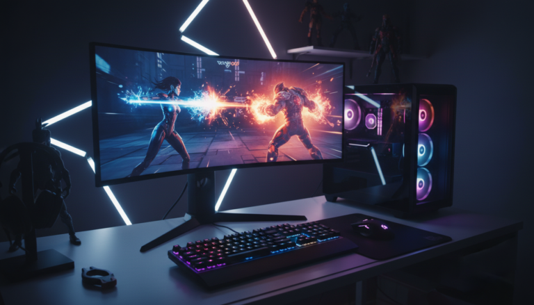 Imagem de um setup gamer com jogo de luta futurista na tela, representando os lançamentos mais esperados para PC em 2026.