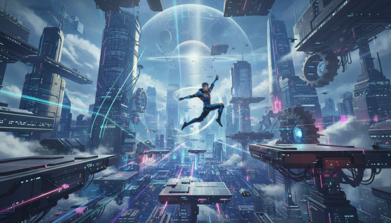 Personagem de jogo de plataforma futurista em salto sobre cenário de cidade neon para PC em 2026