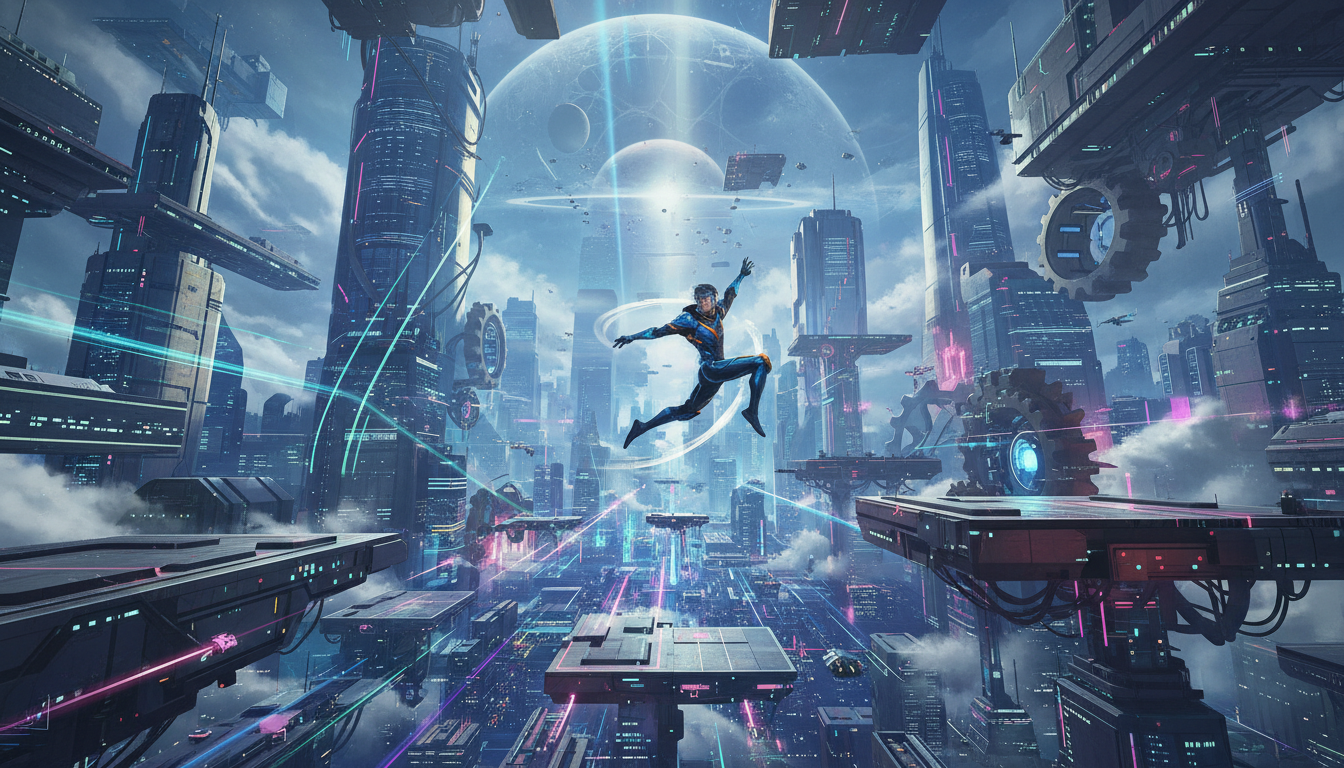 Personagem de jogo de plataforma futurista em salto sobre cenário de cidade neon para PC em 2026