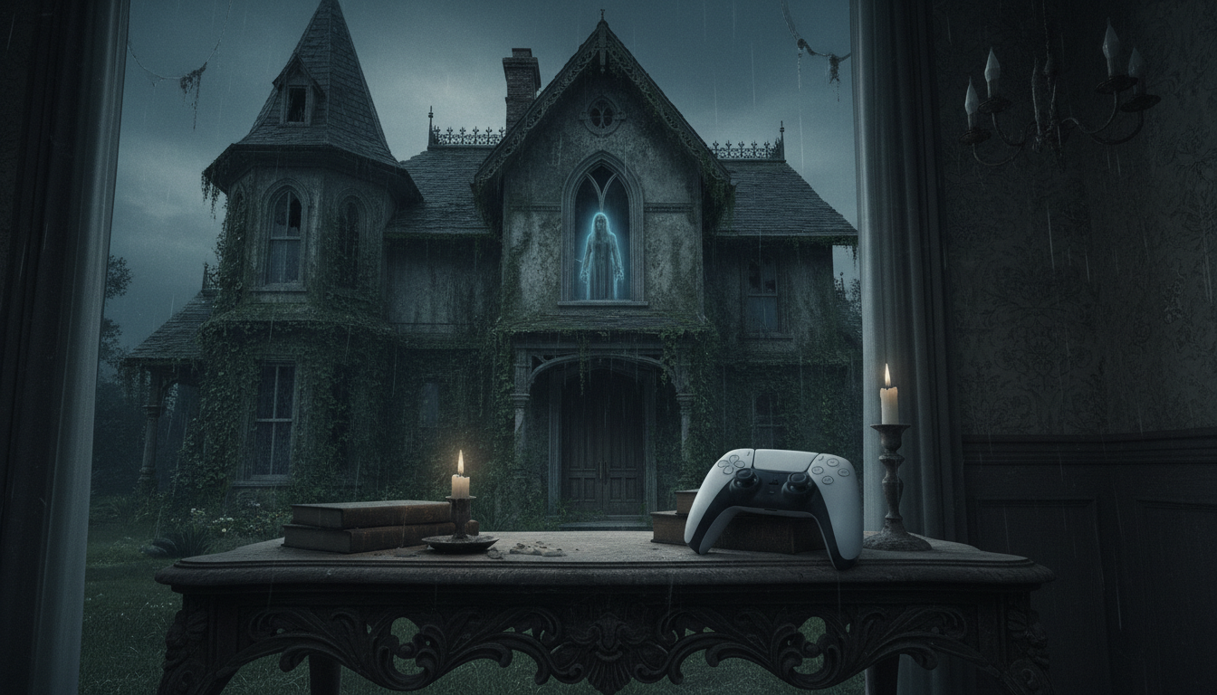 Controle PS5 em cenário de casa assombrada, jogos de terror baseados em histórias reais, fantasmas, horror psicológico