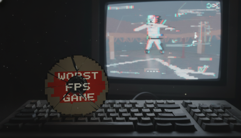 Disco de jogo quebrado, PC gamer decepcionado, jogos de tiro ruins, falha de software, gráficos pixelizados, teclado empoeirado, decepção em games.