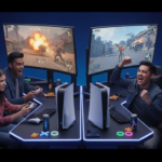 Jogadores entusiasmados com controles DualSense, jogando os melhores jogos de tiro no PS5, com gráficos de alta qualidade em telas.