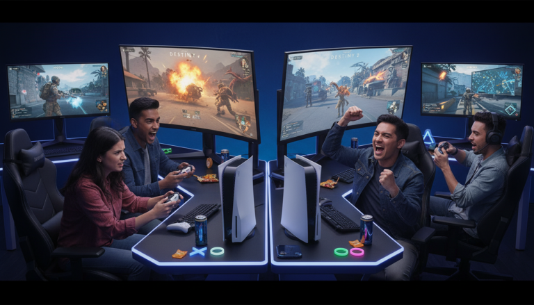 Jogadores entusiasmados com controles DualSense, jogando os melhores jogos de tiro no PS5, com gráficos de alta qualidade em telas.