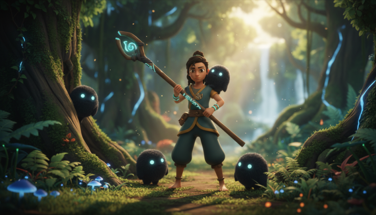 Kena com seu bastão e Rot em uma floresta exuberante, imagem de Kena Bridge of Spirits