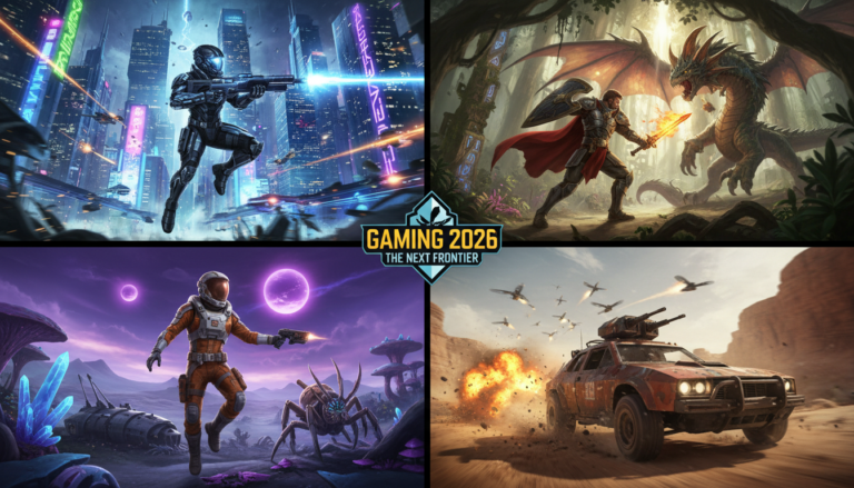 Cena de jogo de ação e aventura para PC com elementos futuristas, fantasia e espacial