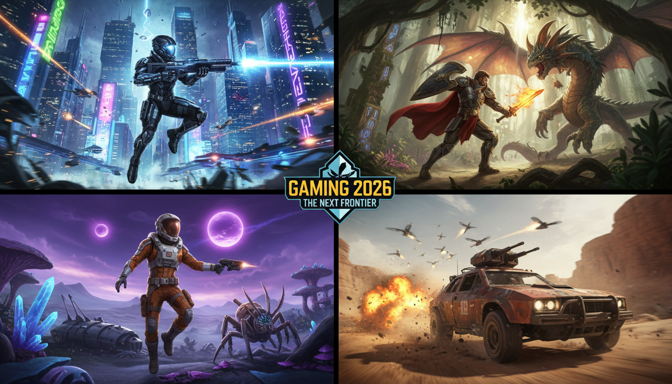 Cena de jogo de ação e aventura para PC com elementos futuristas, fantasia e espacial