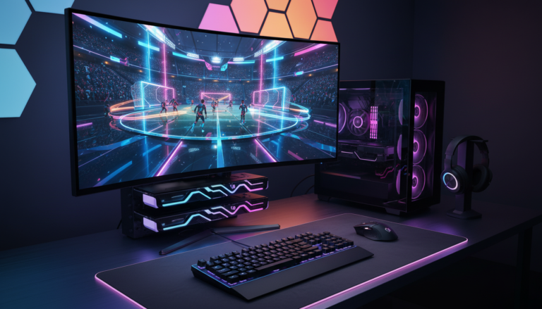 Setup gamer com jogo de esporte futurista, PC de alto desempenho, monitor ultrawide, iluminação RGB, jogo de futebol virtual 2026
