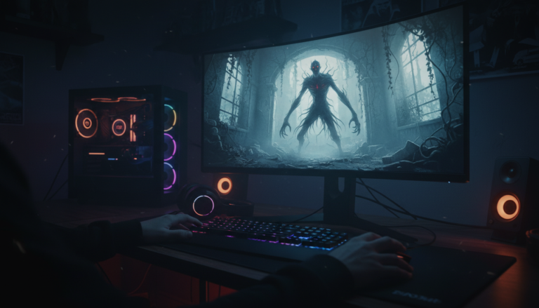 Monitor de PC exibindo um jogo de terror de 2026 com criatura sombria e ambiente decrépito, setup gamer com teclado iluminado.