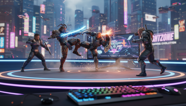 Personagens de jogos de luta AAA para PC em 2026 se enfrentando em uma arena futurista, com gráficos realistas e iluminação dramática.