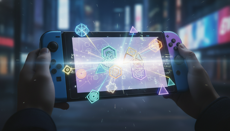 Console Nintendo Switch 2 com um jogo de puzzle futurista na tela, simbolizando os lançamentos de 2026.