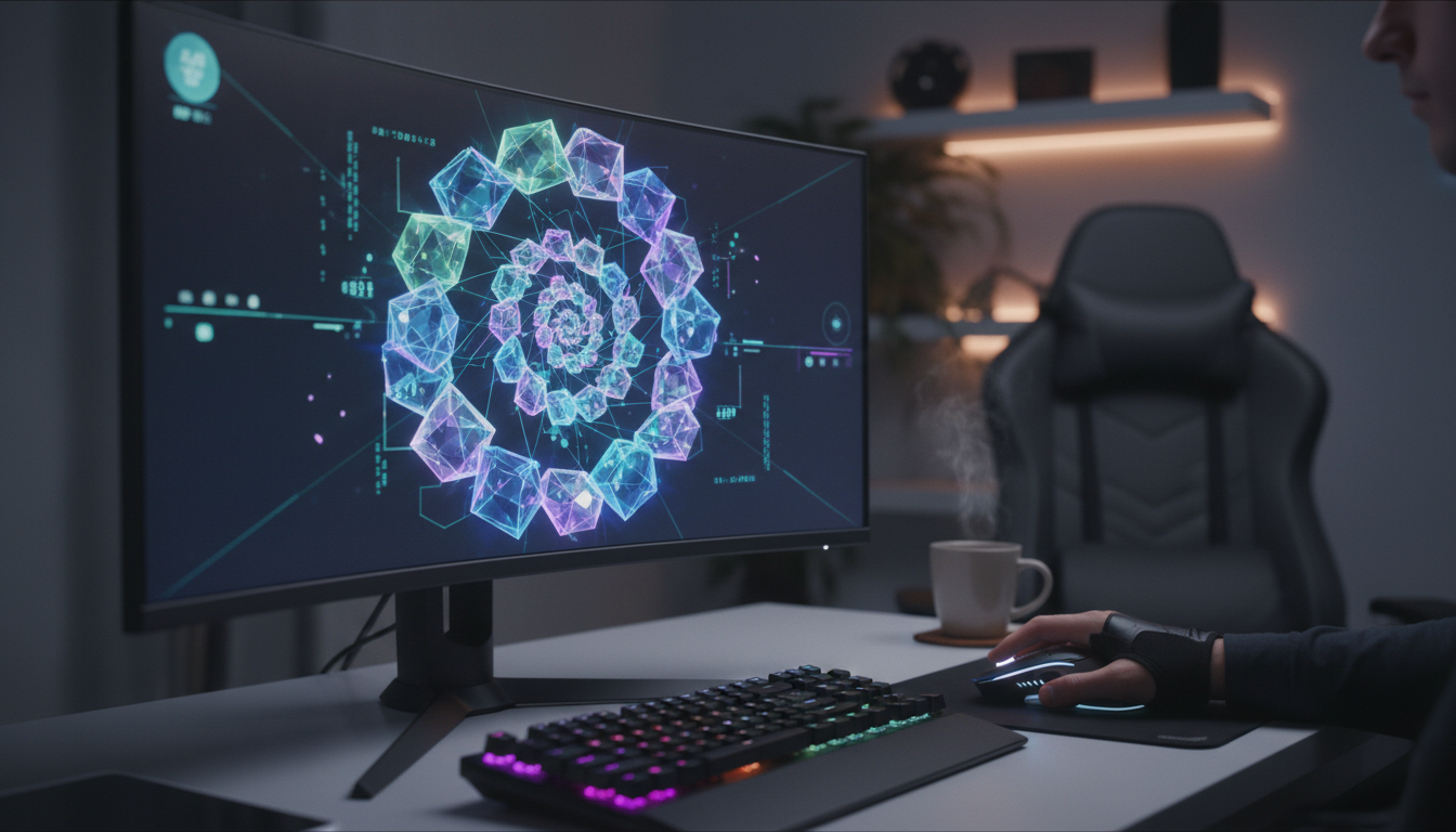 Interface de jogo de puzzle futurista em monitor de PC, representando lançamentos de 2026