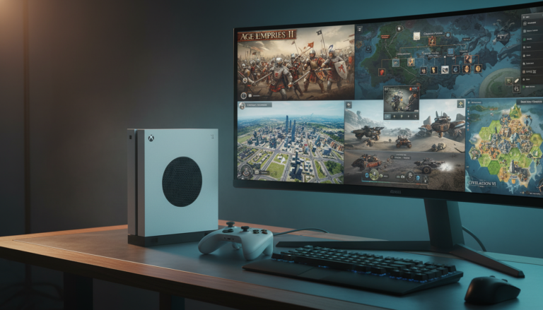 Console Xbox Series S com tela exibindo jogos de estratégia como Age of Empires, Crusader Kings e Cities Skylines em um setup de gamer.