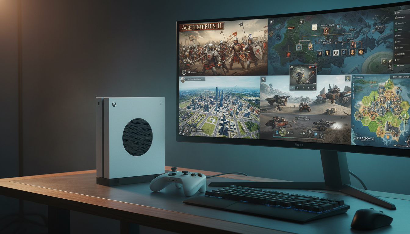 Console Xbox Series S com tela exibindo jogos de estratégia como Age of Empires, Crusader Kings e Cities Skylines em um setup de gamer.