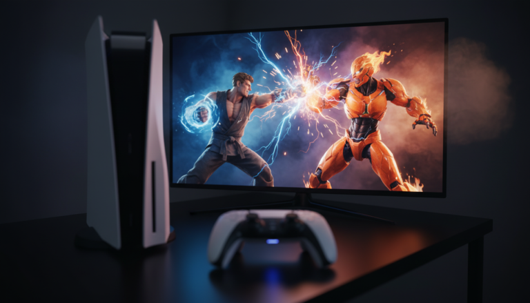 Dois personagens de jogos de luta em um confronto épico no PS5, com efeitos visuais de combate e o controle DualSense em evidência.