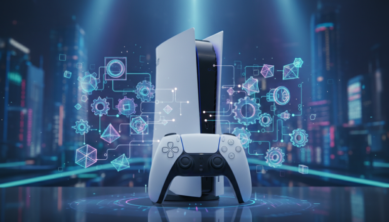 Console PS5 e controle DualSense com elementos de puzzle holográficos