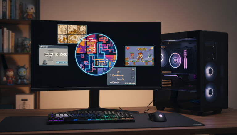 Tela de computador exibindo um mosaico de jogos de puzzle indie como The Witness, Baba Is You, Return of the Obra Dinn, Gorogoa e Antichamber