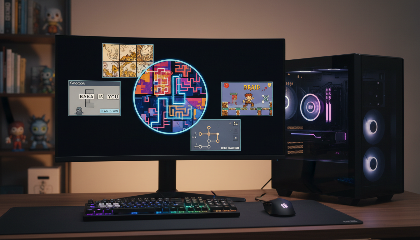 Tela de computador exibindo um mosaico de jogos de puzzle indie como The Witness, Baba Is You, Return of the Obra Dinn, Gorogoa e Antichamber