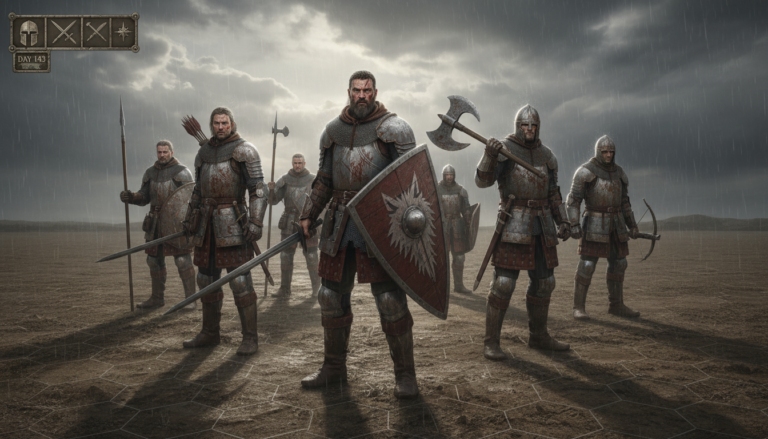 Grupo de mercenários Battle Brothers no PS5, prontos para a batalha em cenário medieval sombrio.