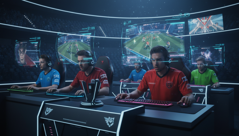 Atletas de esports jogando Multiplayer Competitivo: Jogos de Esportes PC 2026 em PCs de alta performance, com foco na competição e tecnologia de ponta.