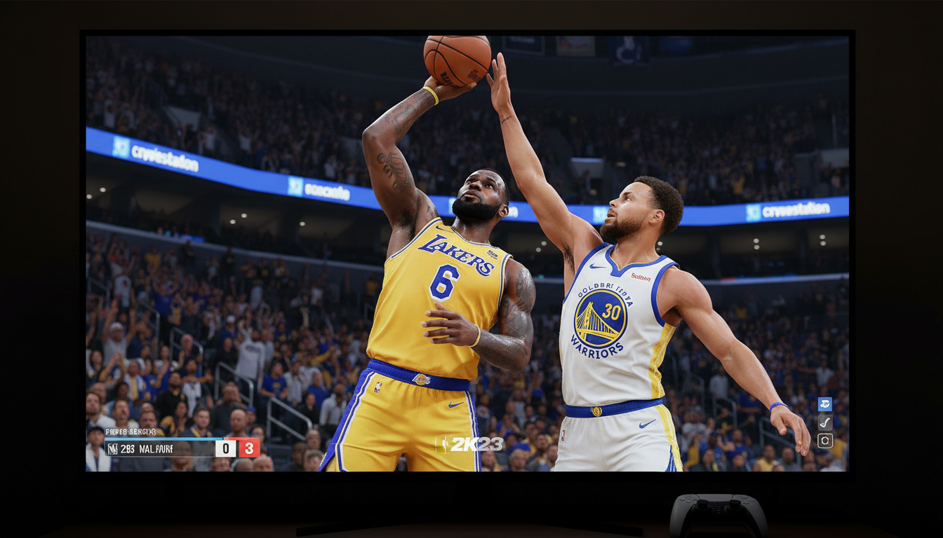Screenshot de gameplay de NBA 2K23 no PS5 com gráficos realistas e jogadores em ação.