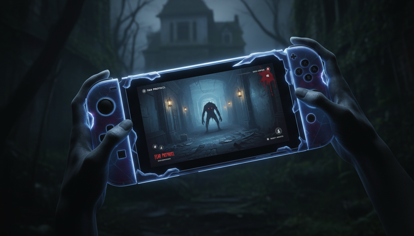 Nintendo Switch 2 nas mãos, tela com cena de horror, luzes azuis e roxas assustadoras, fundo escuro e misterioso
