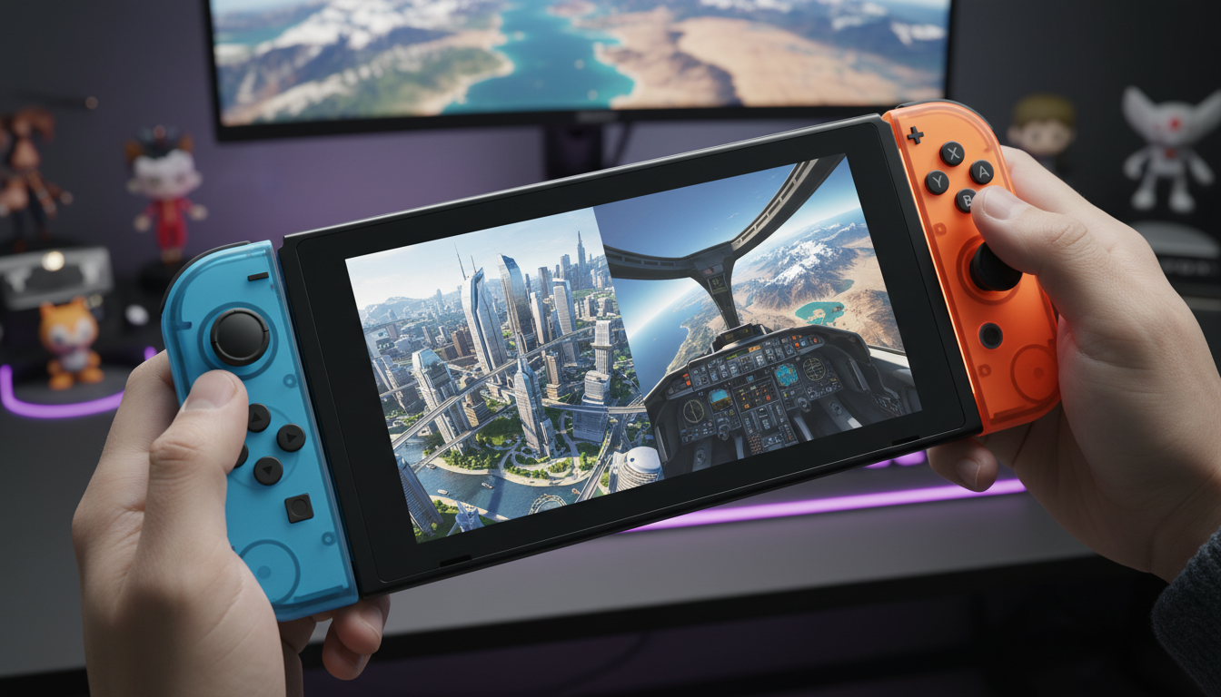 Console Nintendo Switch 2 com jogo de simulação em execução