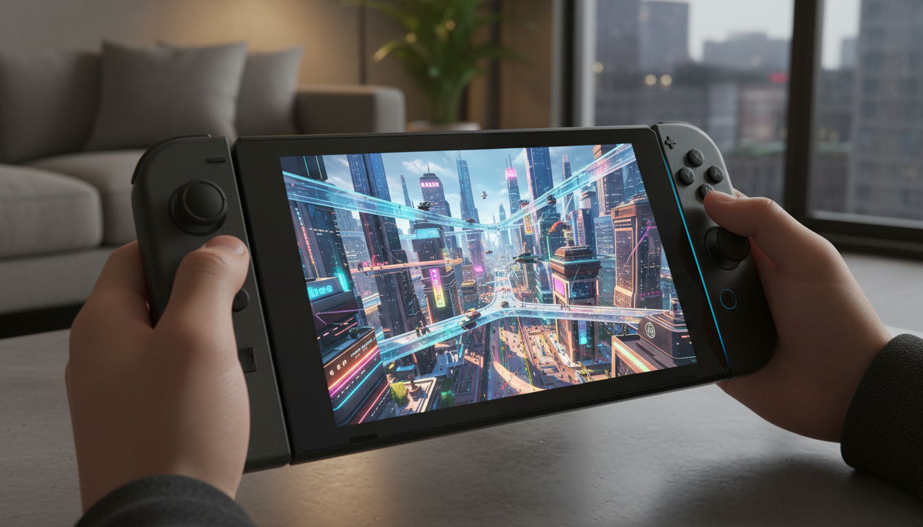 Nintendo Switch 2 rodando um jogo de simulação de cidade futurista