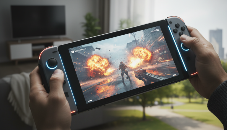 Nintendo Switch 2 com um jogo de tiro moderno na tela, mostrando gráficos avançados e jogabilidade fluida, representando a evolução dos shooters.