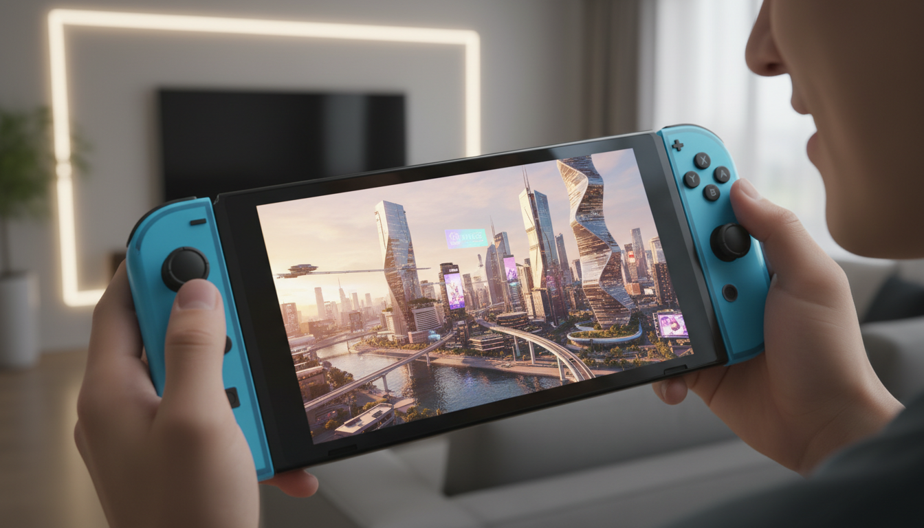 Pessoa jogando um simulador de cidade futurista no Nintendo Switch 2, destacando as inovações gráficas e de simulação.