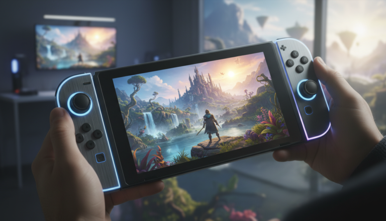 Console Nintendo Switch 2 com um jogo de ação e aventura de alta qualidade na tela, em um cenário de fantasia épica.
