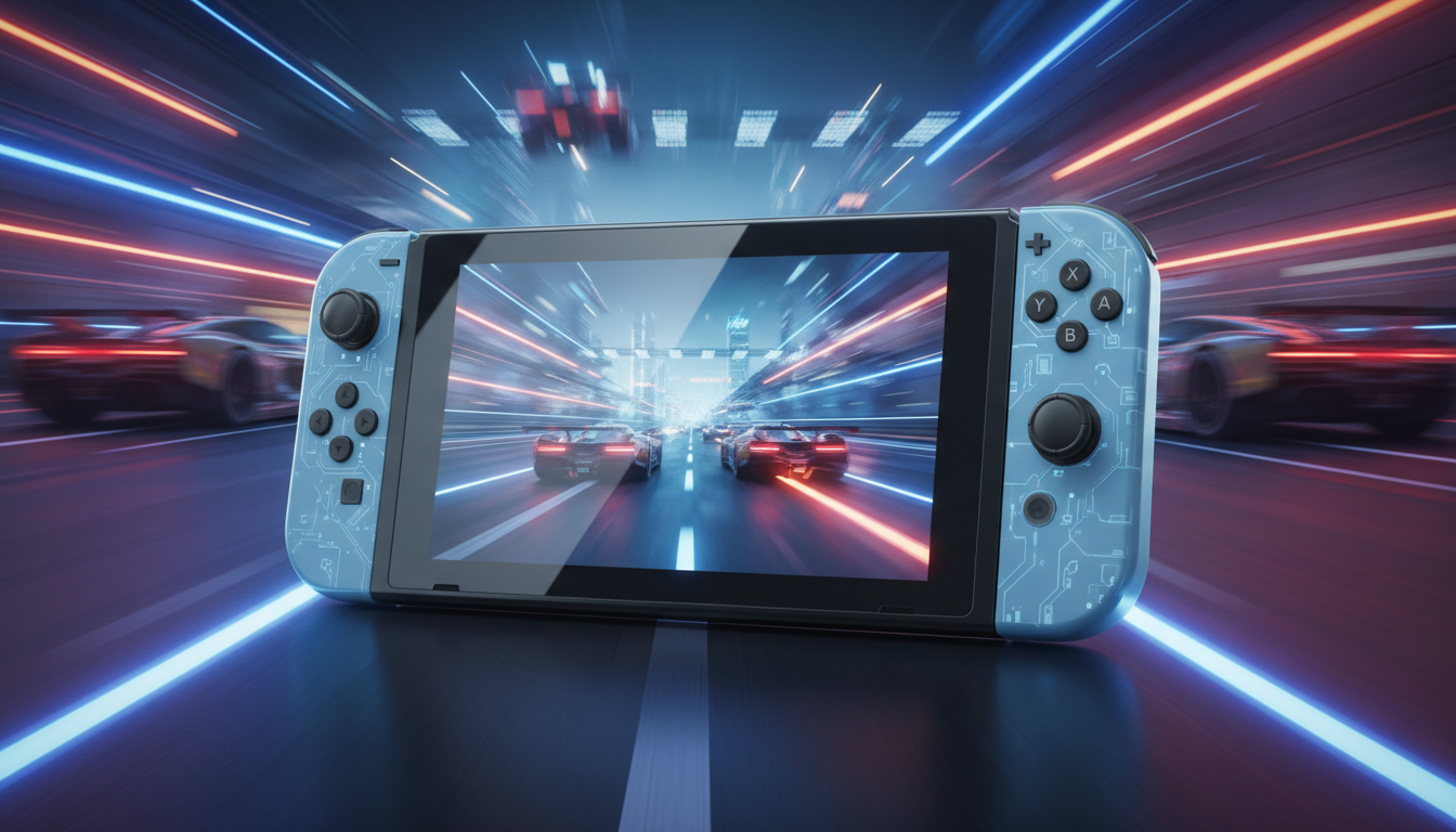 Nintendo Switch 2 com carros de corrida em alta velocidade, gráficos realistas, inovação em jogos