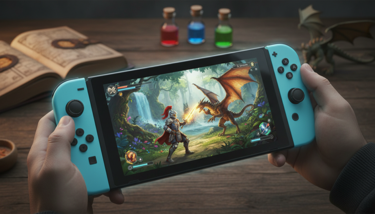 Console Nintendo Switch 2 com RPG de fantasia na tela, jogos de lançamento