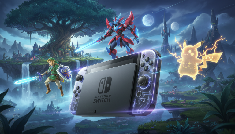 Nintendo Switch 2 com personagens de RPG como Zelda, Pokémon e Xenoblade em um cenário futurista, representando os primeiros jogos de RPG esperados para o novo console.