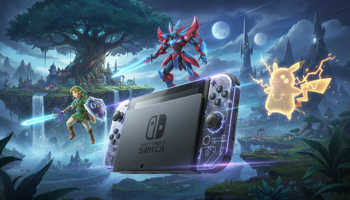 Nintendo Switch 2 com personagens de RPG como Zelda, Pokémon e Xenoblade em um cenário futurista, representando os primeiros jogos de RPG esperados para o novo console.