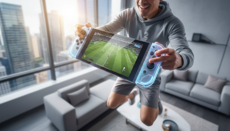 Pessoa jogando futebol no Nintendo Switch 2, console portátil com tela vibrante, controles ergonômicos, gráficos realistas, jogos de esportes.