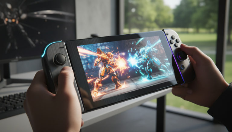 Nintendo Switch 2 com jogo de luta na tela, mãos segurando, em ambiente portátil