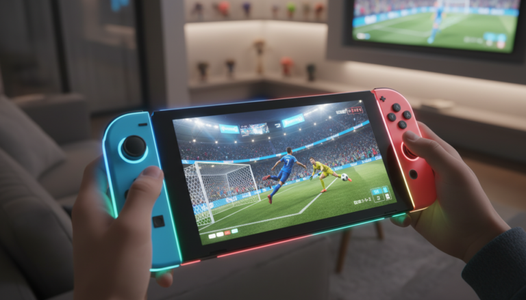 Console Nintendo Switch 2 em mãos, exibindo tela com jogo de futebol vibrante e realista, demonstrando a capacidade gráfica dos novos jogos de esportes.