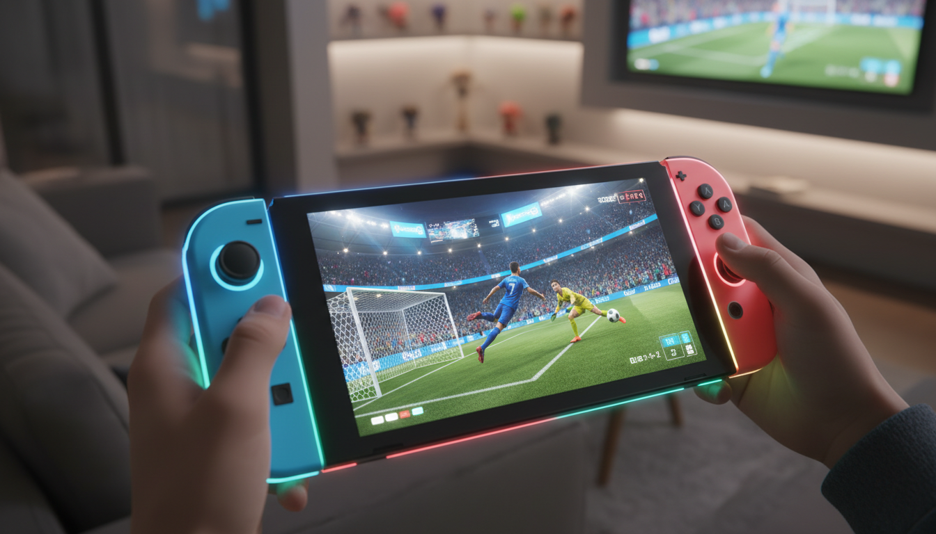 Console Nintendo Switch 2 em mãos, exibindo tela com jogo de futebol vibrante e realista, demonstrando a capacidade gráfica dos novos jogos de esportes.
