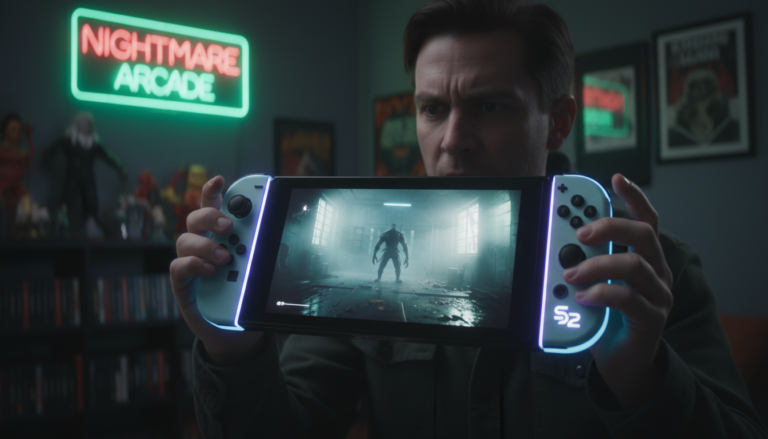 Jogador com Nintendo Switch 2 jogando terror, gráficos avançados, Ray Tracing, DLSS, imersão portátil
