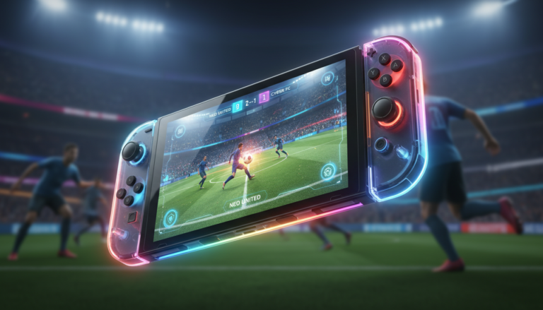 Nintendo Switch 2 exibindo um jogo de futebol de alta qualidade, com gráficos realistas e atletas em movimento.