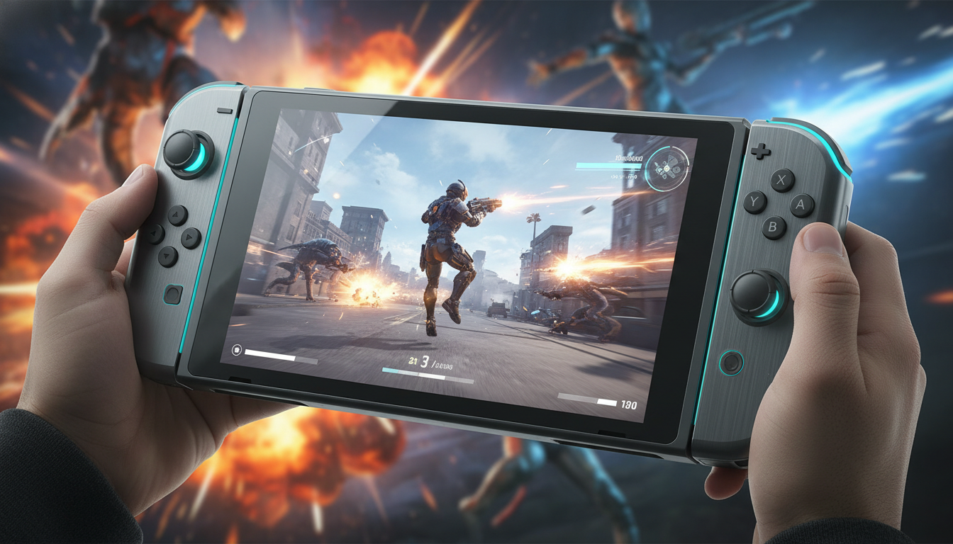 Gamer jogando shooter no Nintendo Switch 2, com gráficos de alta qualidade e controles ergonômicos.