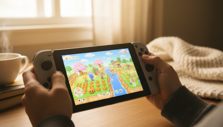 Nintendo Switch jogando Animal Crossing New Horizons, Stardew Valley, ou Cities Skylines em modo portátil, com foco na tela e mãos do jogador.