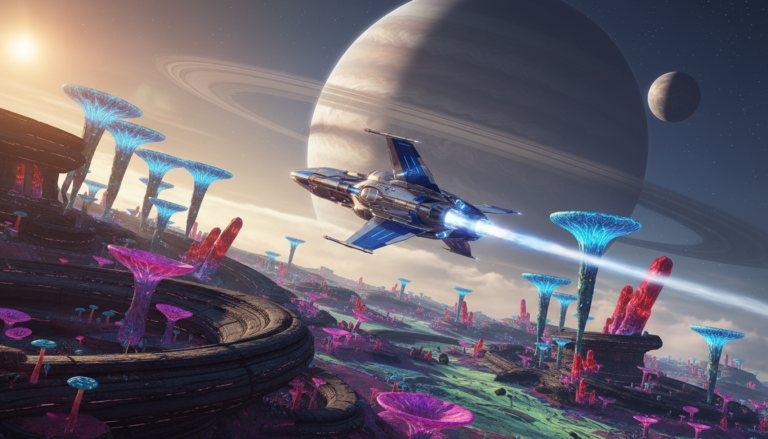 Nave espacial sobrevoando um planeta alienígena com flora exótica e um gigante gasoso no céu de No Man's Sky no PC.