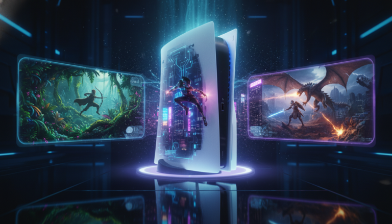 PlayStation 5 com projeções holográficas de jogos de ação e aventura de 2026, destacando gráficos realistas e mundos imersivos.