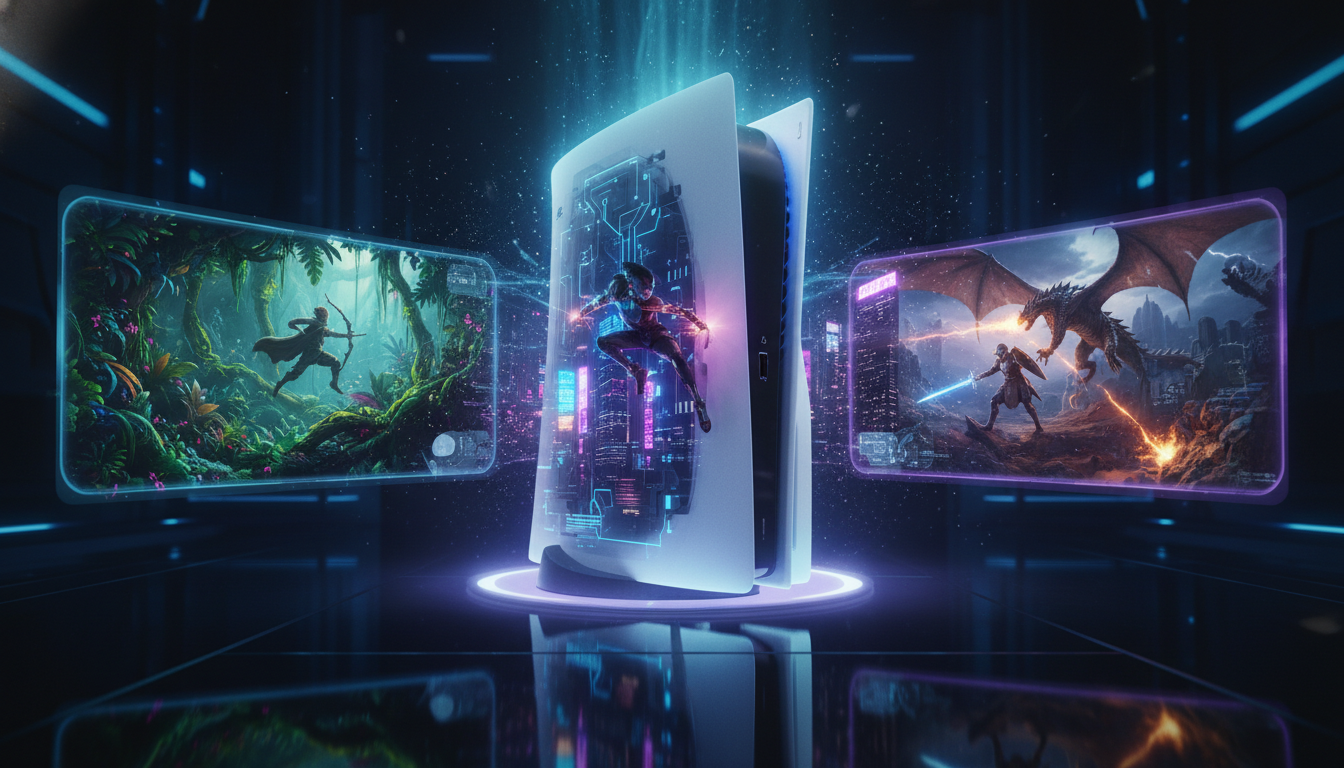 PlayStation 5 com projeções holográficas de jogos de ação e aventura de 2026, destacando gráficos realistas e mundos imersivos.