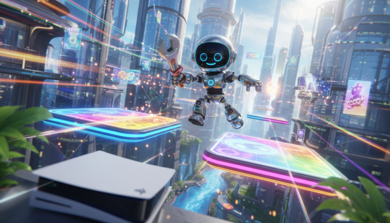Personagem de jogo de plataforma 3D pulando em um cenário futurista de PS5, com efeitos de ray tracing e cores vivas.