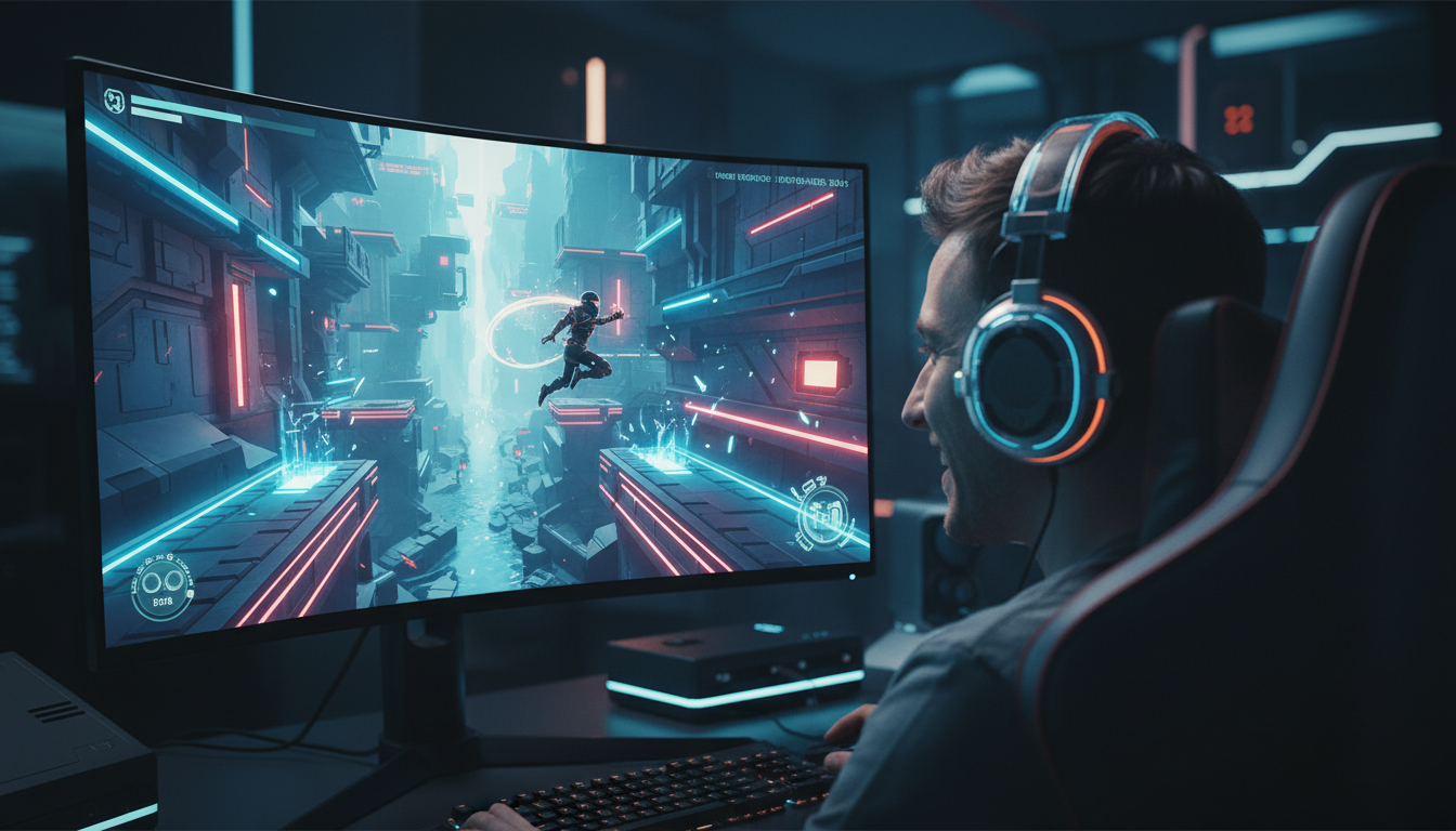 Jogador experimentando plataformers inovadores para PC em 2026 com tecnologia avançada.