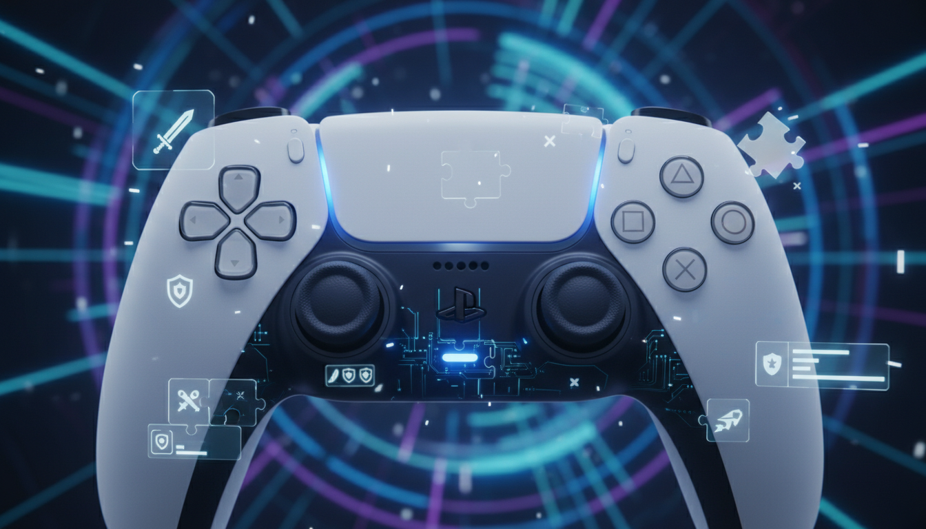 Controle DualSense do PS5 com elementos de jogos de puzzle futuristas, simbolizando as tendências de 2026