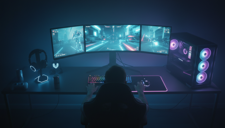 Setup gamer com PC de ponta e jogo de tiro moderno, ilustrando o cenário de '2026: O Ano dos Shooters no PC?'