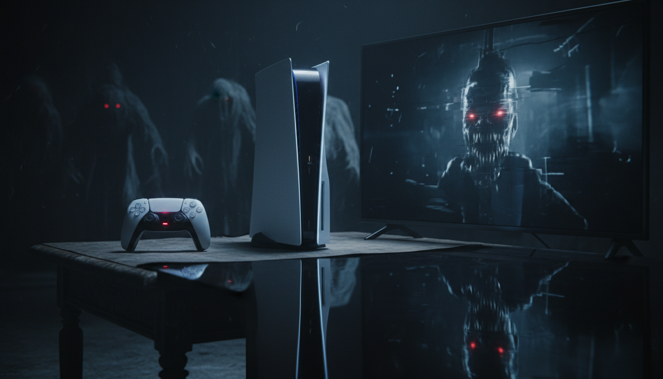 PS5 em um ambiente escuro com figuras fantasmagóricas, representando jogos de terror de 2026.
